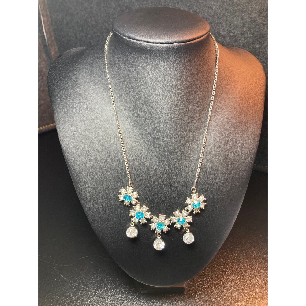 Vtg 50s Blue‎ Clear Rhinestone Bib Necklace Snowflake Cluster Dangle Silver Tone